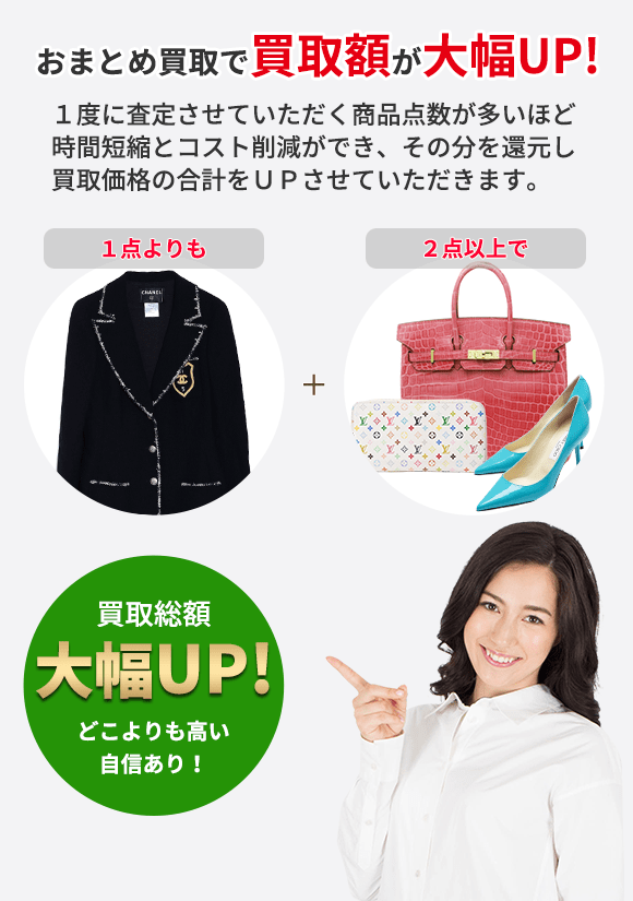 おまとめ買取で買取額が大幅UP! １度に査定させていただく商品点数が多いほど 時間短縮とコスト削減ができ、その分を還元し 買取価格の合計をＵＰさせていただきます